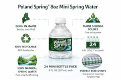 Close-up of Poland Spring 8 oz bottle highlighting compact size.