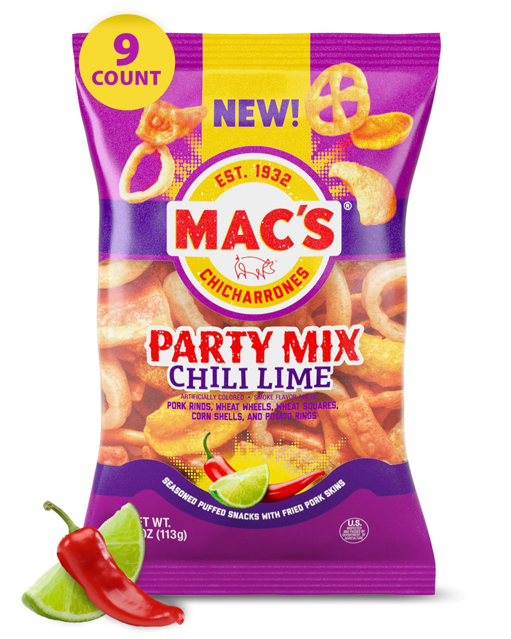 Mac's Chili Lime Pork Skins Party Mix front view with bold crunch