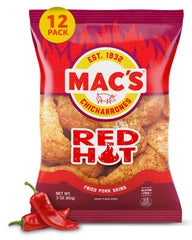 Mac's Hot Fried Pork Skins bag offers crisp texture for on-the-go snacking.