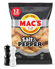Mac's Salt & Pepper pork rinds in bag for on-the-go crunch.