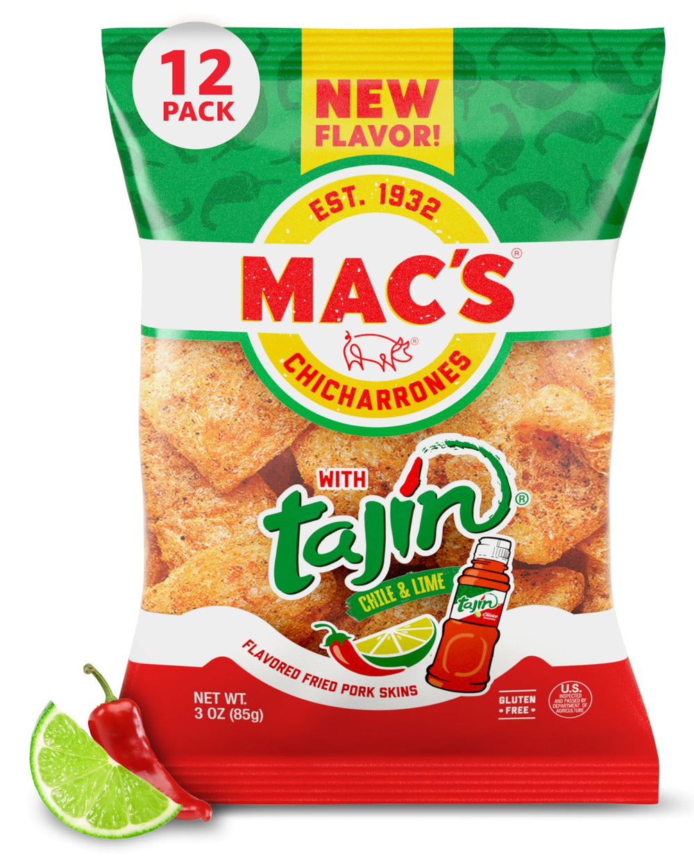 Mac's Tajin Chili Lime pork skins bag closeup, bold seasoning for a savory crunch.