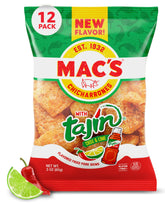 Mac's Tajin Chili Lime pork skins bag closeup, bold seasoning for a savory crunch.
