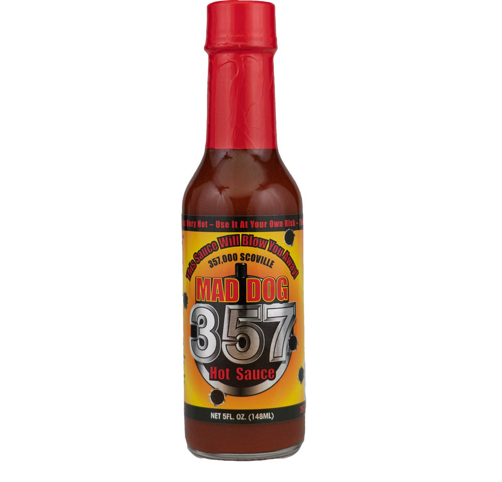 Mad Dog 357 hot sauce bottle adds extreme heat to tacos and wings.