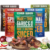 Made by True garlic herb biltong slices for high-protein on-the-go snacking.