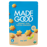 Made Good Sea Salt Star Puffed Crackers in a bag, a gluten-free snack option for lunchboxes.