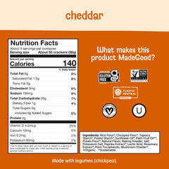Close-up of MadeGood Cheddar Star Puffed Crackers highlighting gluten-free and dairy-free ingredients.