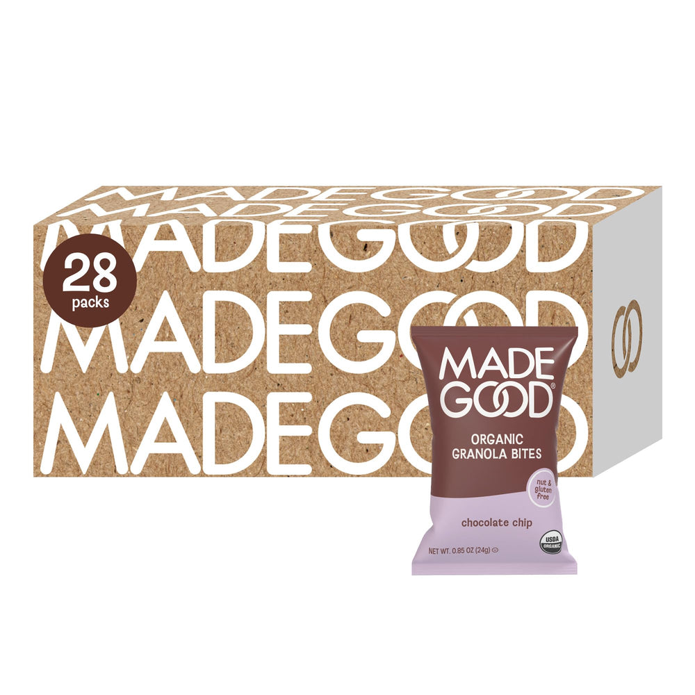 MadeGood Chocolate Chip Granola Bites packaging for on-the-go snacking.