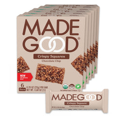 MadeGood Crispy Squares Chocolate Chip packaging in eco-friendly box for school snacks