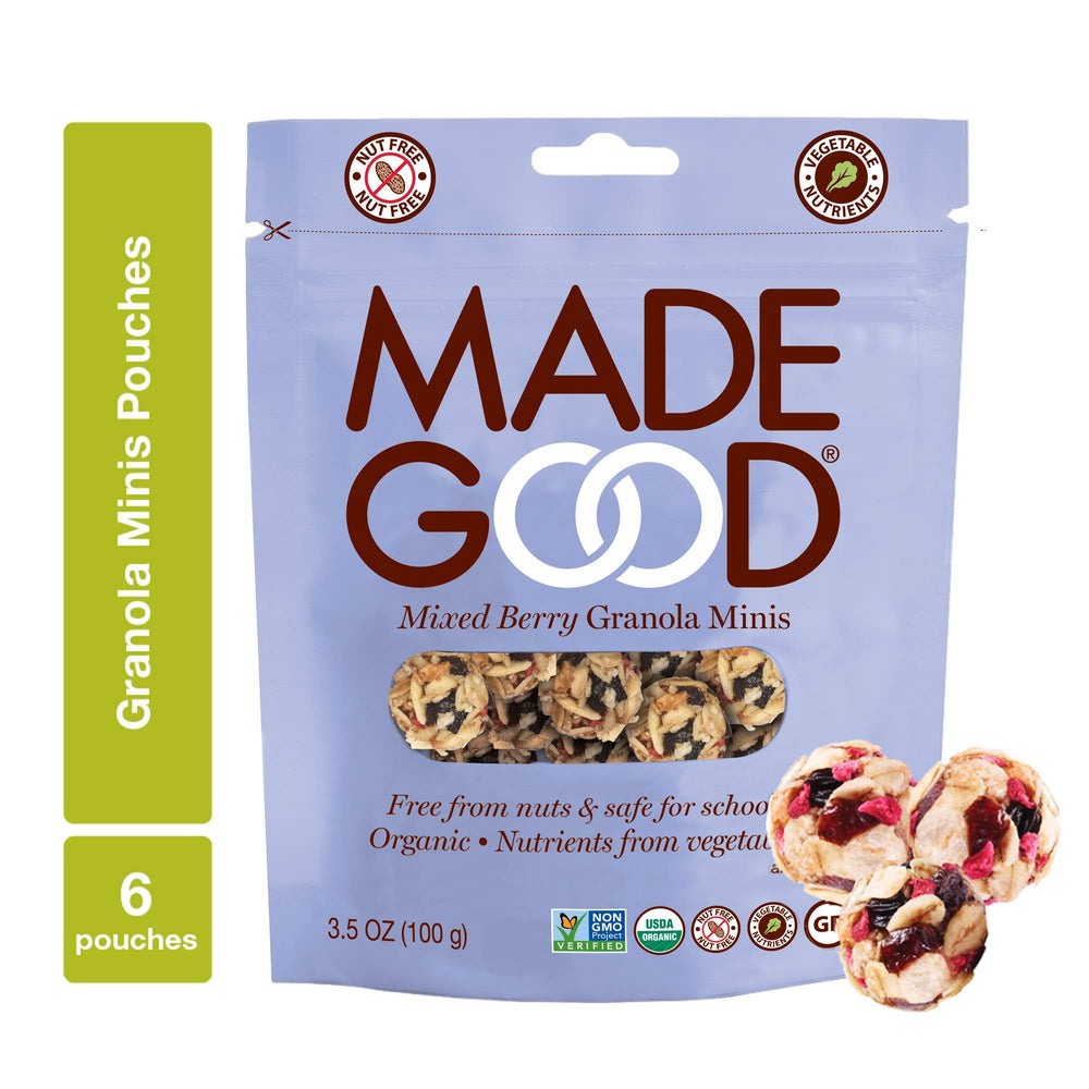 Made Good Mixed Berry Granola Minis pack front, organic and convenient snack on the go.