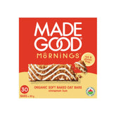MadeGood Mornings Cinnamon Bun bars package front, ideal for quick on-the-go mornings.