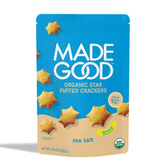 MadeGood Sea Salt Star Puffed Crackers packaging on shelf for on-the-go snacking