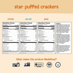 MadeGood Star Puffed Crackers cheddar pack offers vegetarian, allergen-friendly crunch for any snack.
