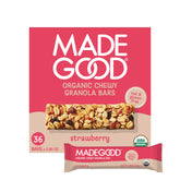 MadeGood strawberry granola bars 36-count box, gluten-free and vegan snack option.