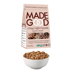 Made Good Vegan Cocoa Crunch granola serving plate with rich chocolatey aroma.