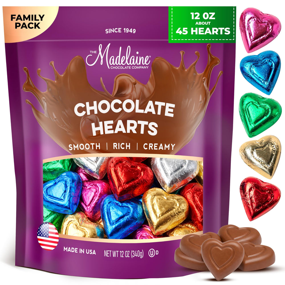 Madelaine Milk Chocolate Mini Heart with rainbow foil brightens gift baskets.