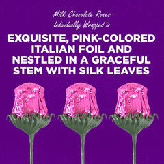 Milk chocolate rose with vibrant pink foil detail and green stem leaves.