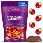 Madelaine solid milk chocolate lady bugs in red foil, ideal party favors.
