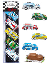 Madelaine Chocolate Company mini cars gift stick, ideal party favors for kids.