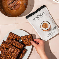 MADHAVA Coconut Sugar scoop-dispense, easy to sweeten coffee with a 1:1 sugar substitute.