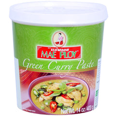 Mae Ploy Green Curry Paste tub viewed from the front, ready to flavor authentic Thai curries.