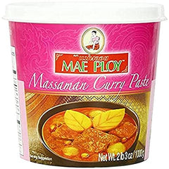 Mae Ploy Massaman curry paste tub close-up showcasing authentic Thai flavor for home cooking