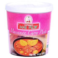 Mae Ploy Massaman curry paste tub shown for authentic Thai flavor in curries.