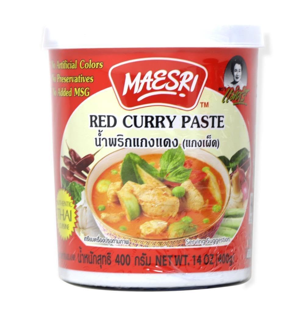 Maesri Red Curry Paste 14oz jar for authentic Thai curries and flavorful bases.