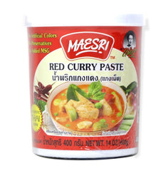 Maesri Red Curry Paste 14oz jar for authentic Thai curries and flavorful bases.