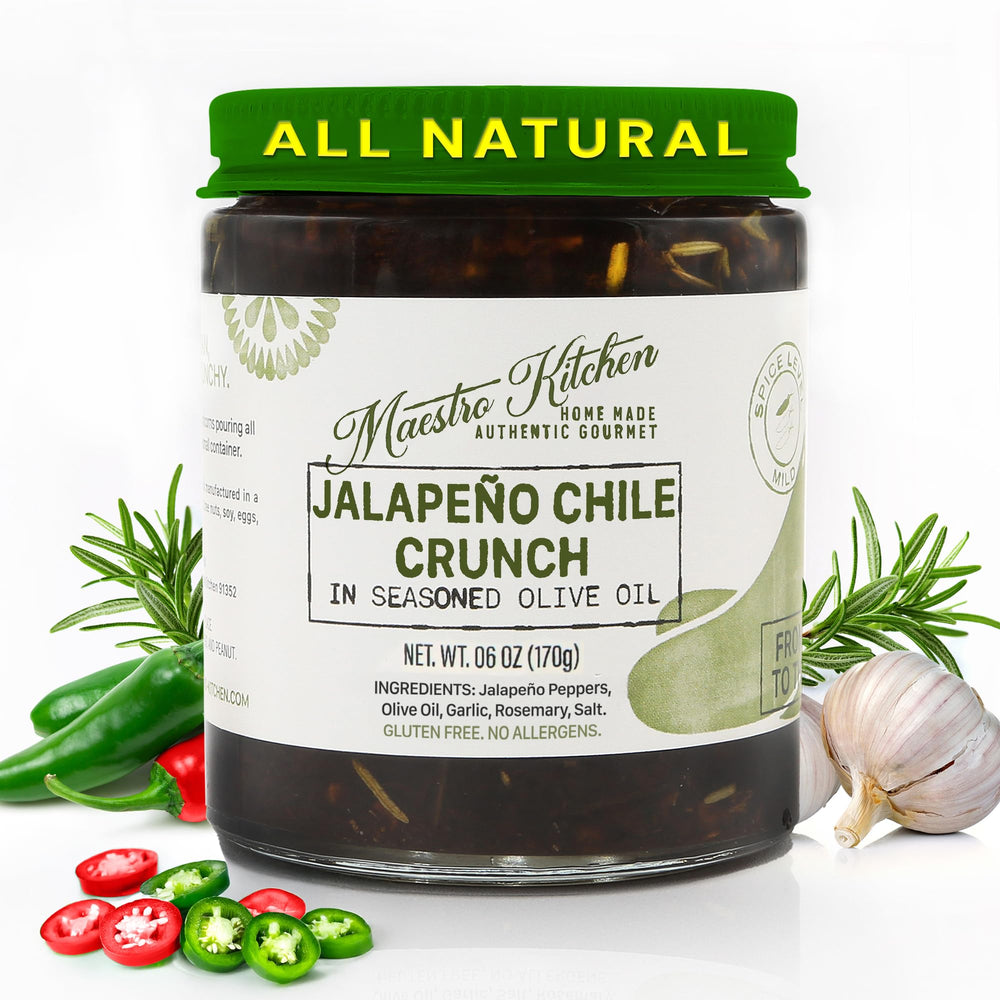 MAESTRO KITCHEN Jalapeno Chile Crunch bottle highlighting bold flavor boost