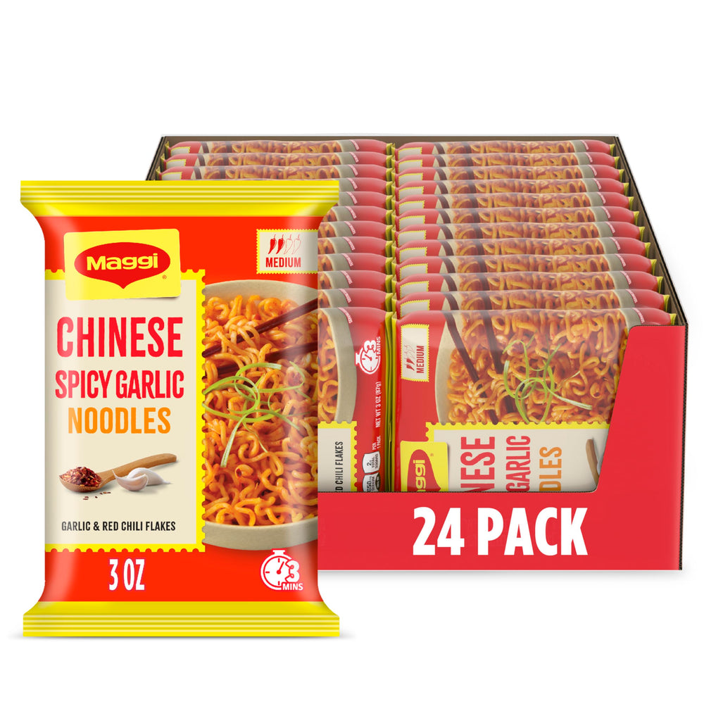 Maggi Chinese Spicy Garlic Noodles pack—vibrant noodles ready in minutes for busy weeknights.