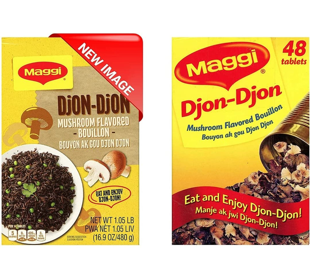 Maggi Djon Djon bouillon cubes 48-pack on a kitchen counter, Caribbean flavor ready.