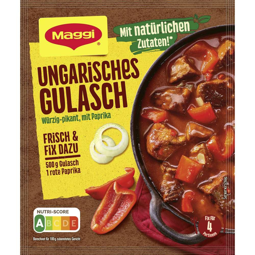 Maggi fix & fresh Hungarian stew four-pack, ready-to-use seasoning for quick, flavorful meals.