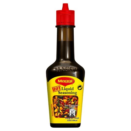 Maggi Hot & Spicy Seasoning Germany bottle pouring for roasted umami