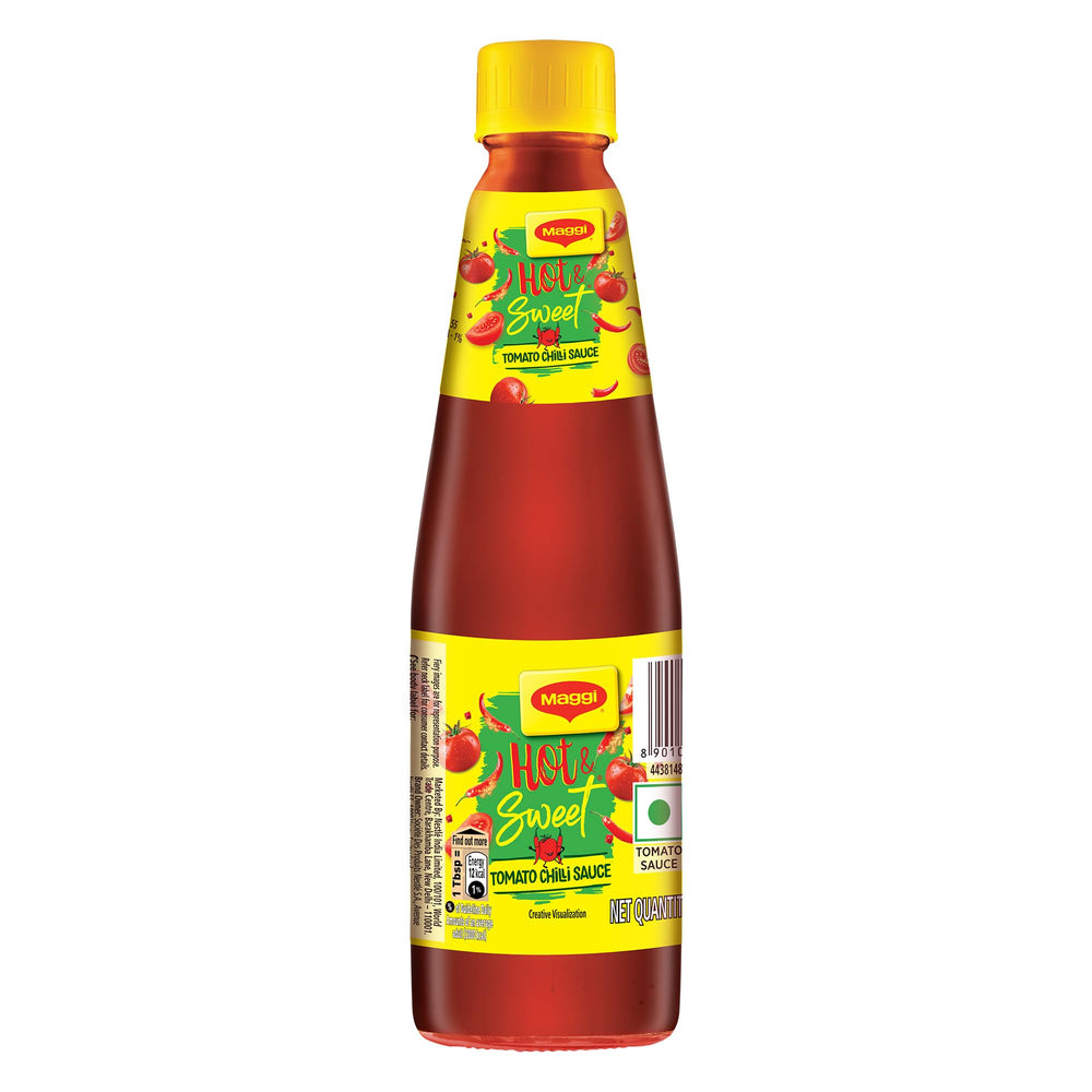 Maggi Hot & Sweet Tomato Chilli Sauce 500g bottle adds bold flavor to meals.