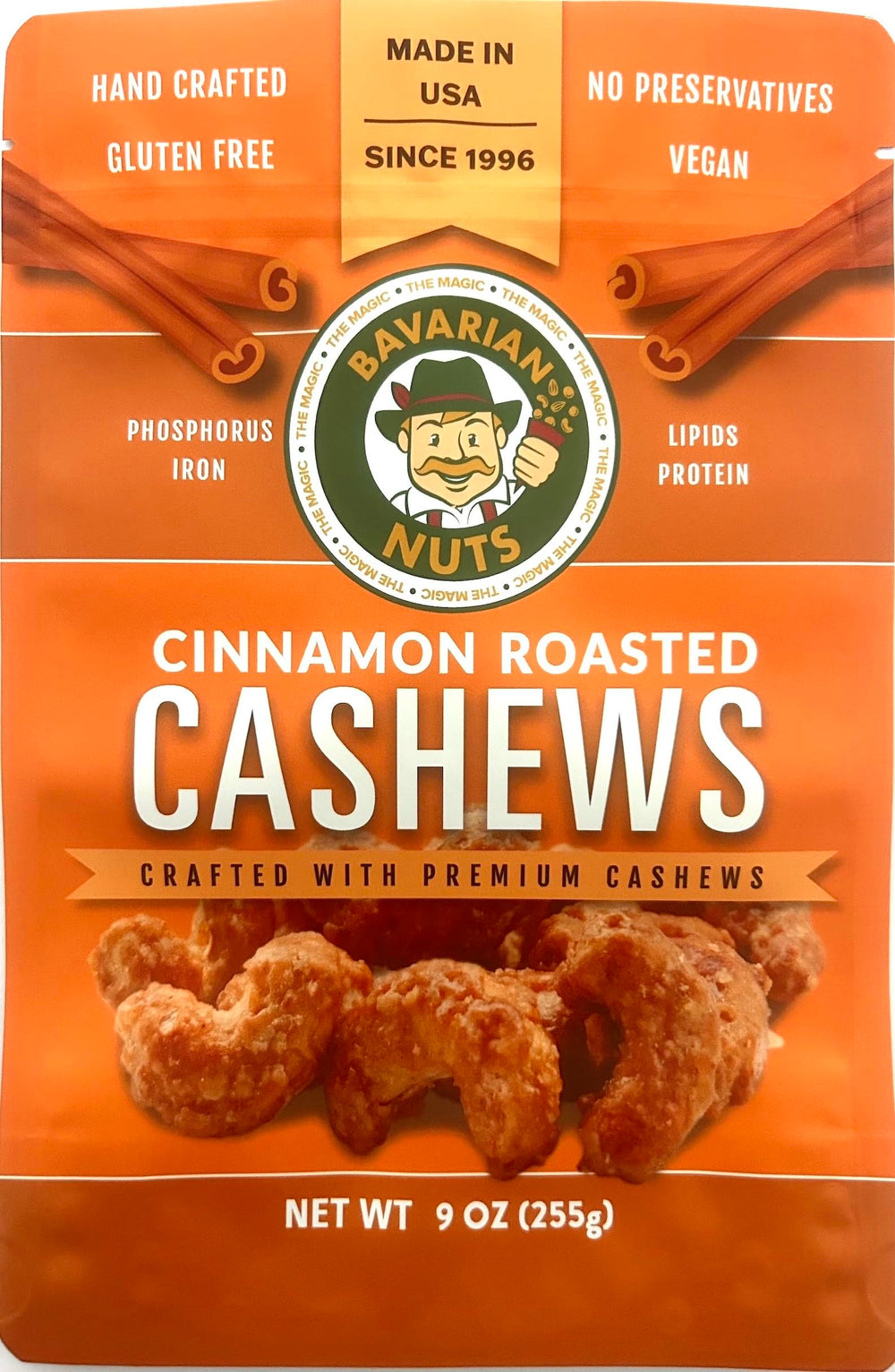 The Magic Bavarian Cinnamon Roasted Cashews jar close-up with rich coating.