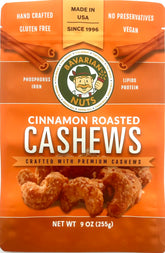 The Magic Bavarian Cinnamon Roasted Cashews jar close-up with rich coating.