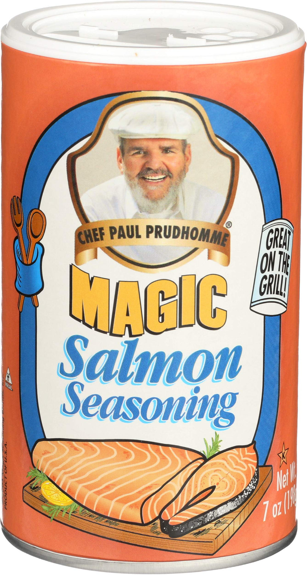 Magic Seasoning Blends salmon seasoning bottle front enhances seafood flavor.