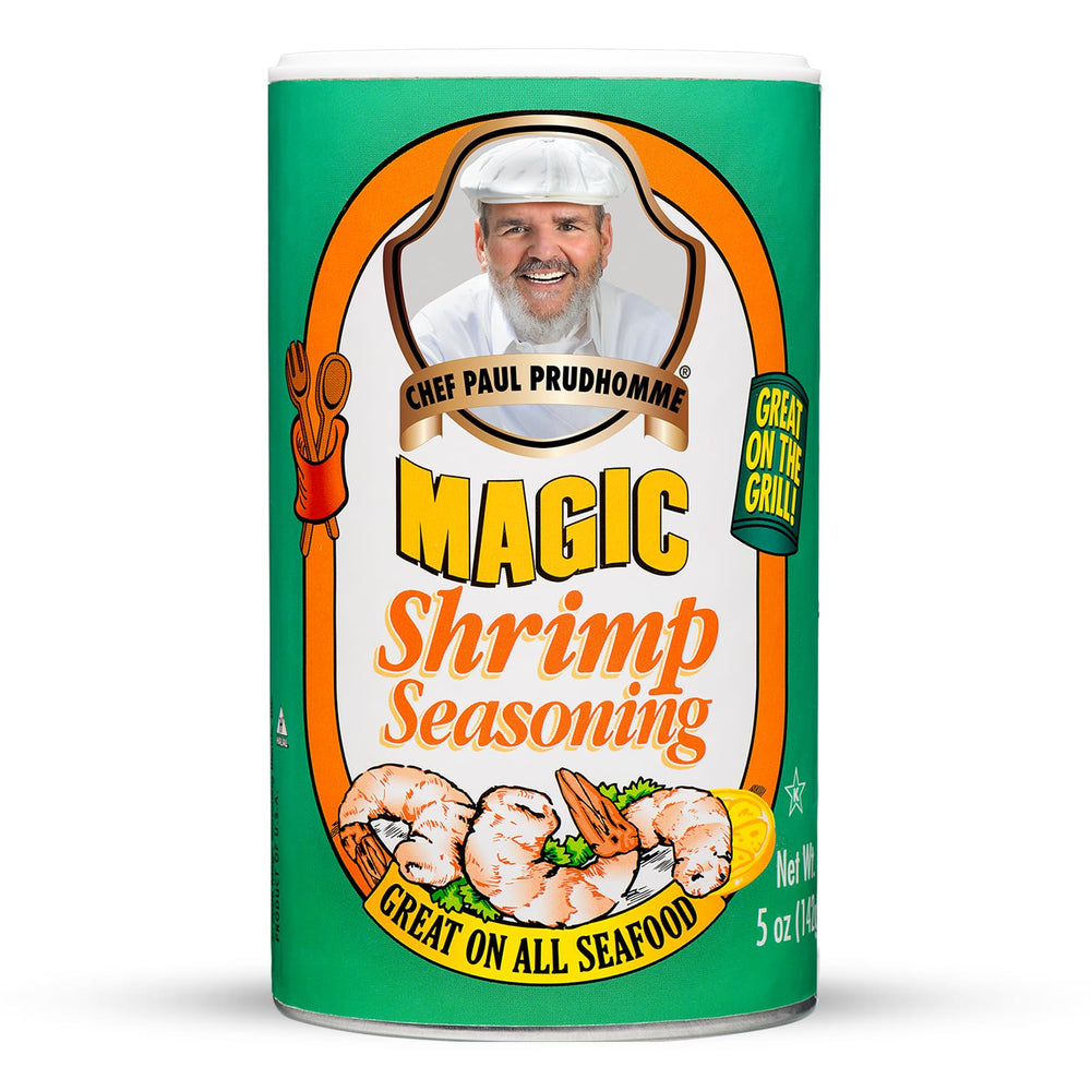 Magic Seasoning Blends Shrimp bottle pour showing quick, flavorful seafood seasoning at home.