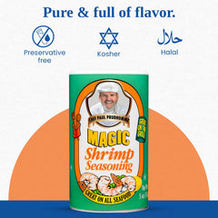 Magic Seasoning Blends Shrimp spice jar close-up highlighting gluten-free option.