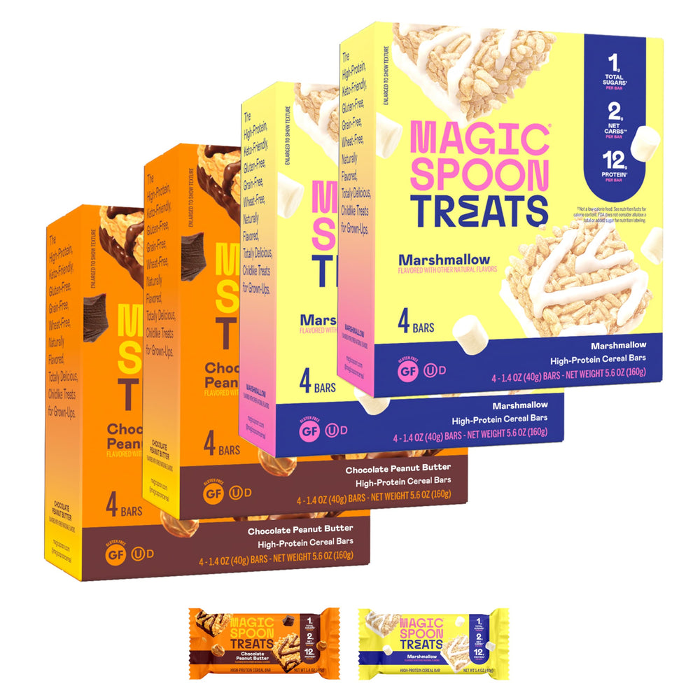 Magic Spoon front packaging showing 16-bar assortment and brand benefit of variety
