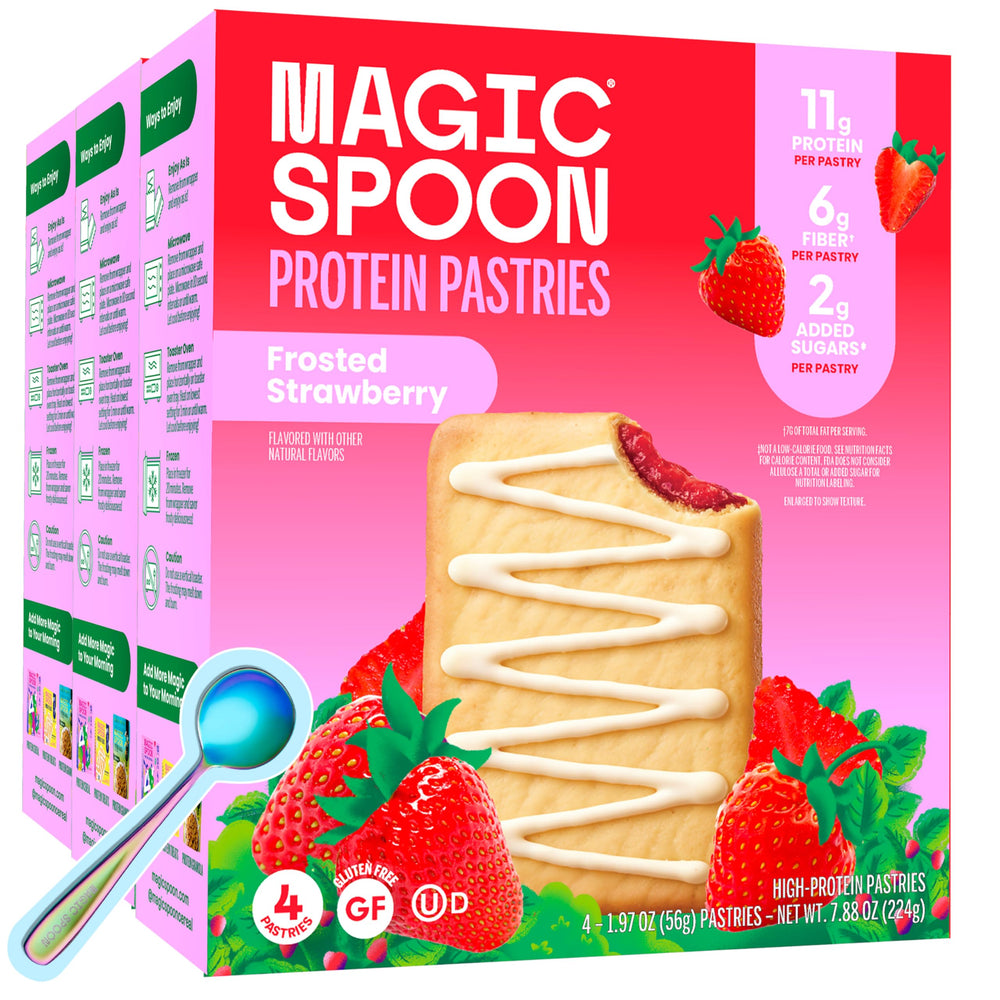 Magic Spoon front pack showing three-box bundle and frosted strawberry design for visual appeal
