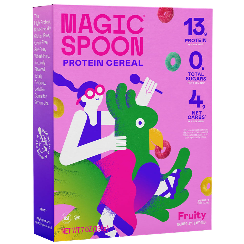 Magic Spoon Fruity 7oz box on the counter highlights a high-protein breakfast.