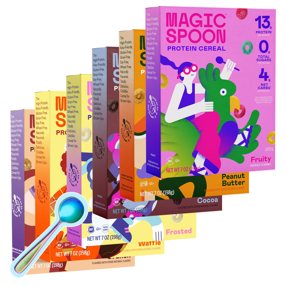 Magic Spoon Fruity pack shows a colorful box for a high-protein gluten-free breakfast