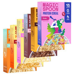 Magic Spoon pack front view showing flavors and macro benefits for quick breakfasts