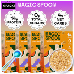Magic Spoon peanut butter cereal pack highlights high protein and zero sugar.