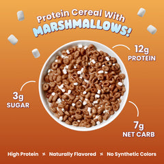 Magic Spoon bowl with spoon pouring cereal, showing high-protein breakfast benefit