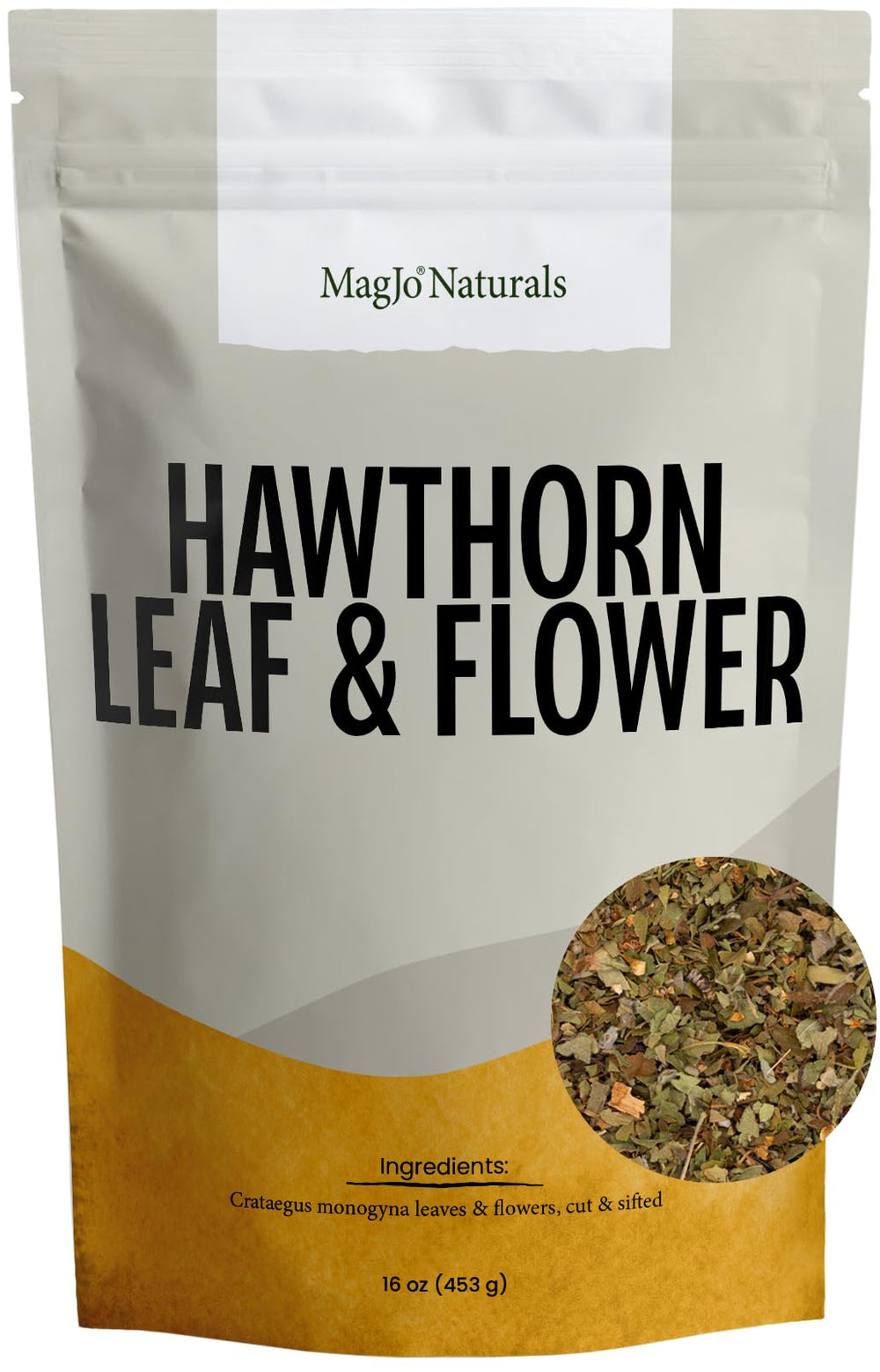 MagJo Naturals hawthorn leaf and flower loose leaf tea with crisp aroma.