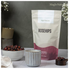 MagJo Naturals rosehips bulk pack with resealable kraft bag on shelf.