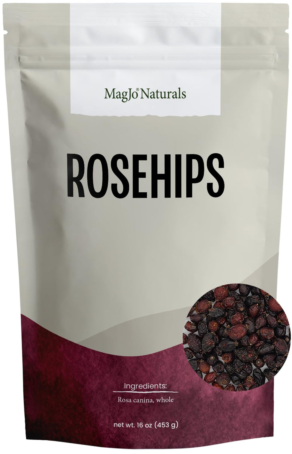 MagJo Naturals whole rosehips in a 1 lb bag for pantry use.