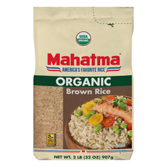 Mahatma Organic Brown Rice 2lb bag, a versatile pantry staple.